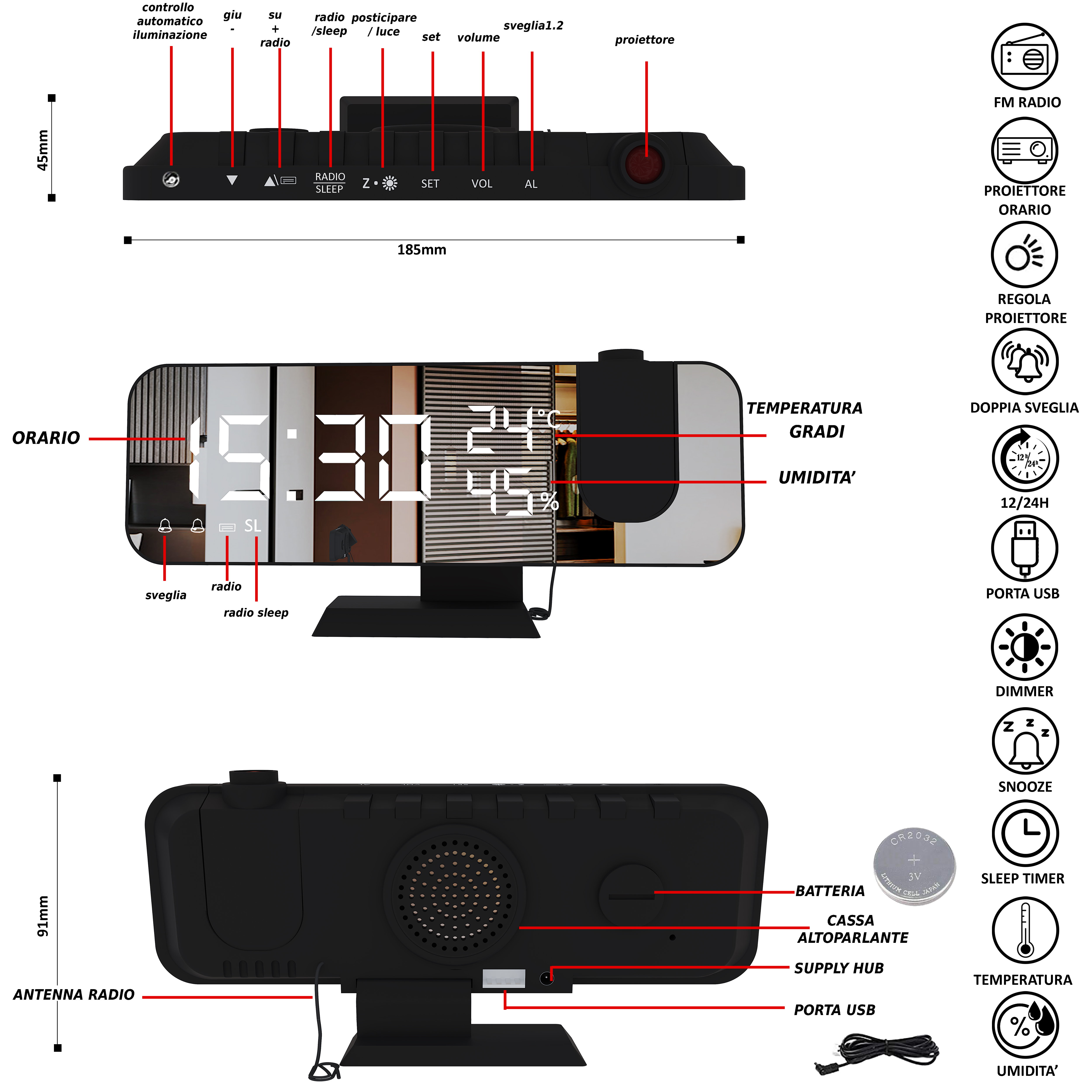 Sveglia Digitale Da Comodino Con Proiettore Rotazione 180° Sveglia  Multifunzione Radio FM Porta USB Temperatura Termometro Umidità 3 Livelli  Luminosità Snooze 15 Livelli Volume Camera Da Letto Comò